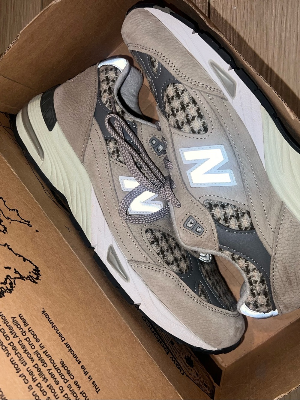 New Balance Taupe and Cream Houndstooth Accent Sneakers